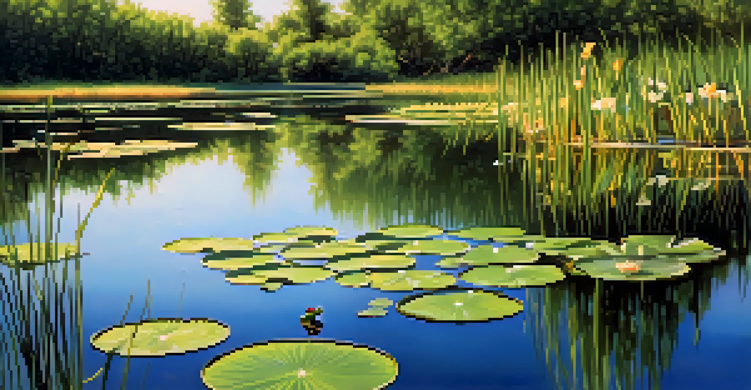 A detailed view of a Utah wetland, showcasing plants, a frog on a lily pad, and reflections in the water.