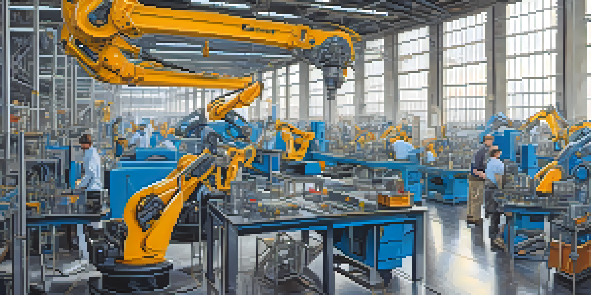A busy manufacturing facility with advanced machinery and workers wearing safety gear under natural light.