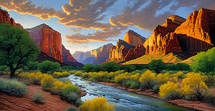 A stunning view of Zion Canyon with red rock cliffs and Virgin River at sunrise.