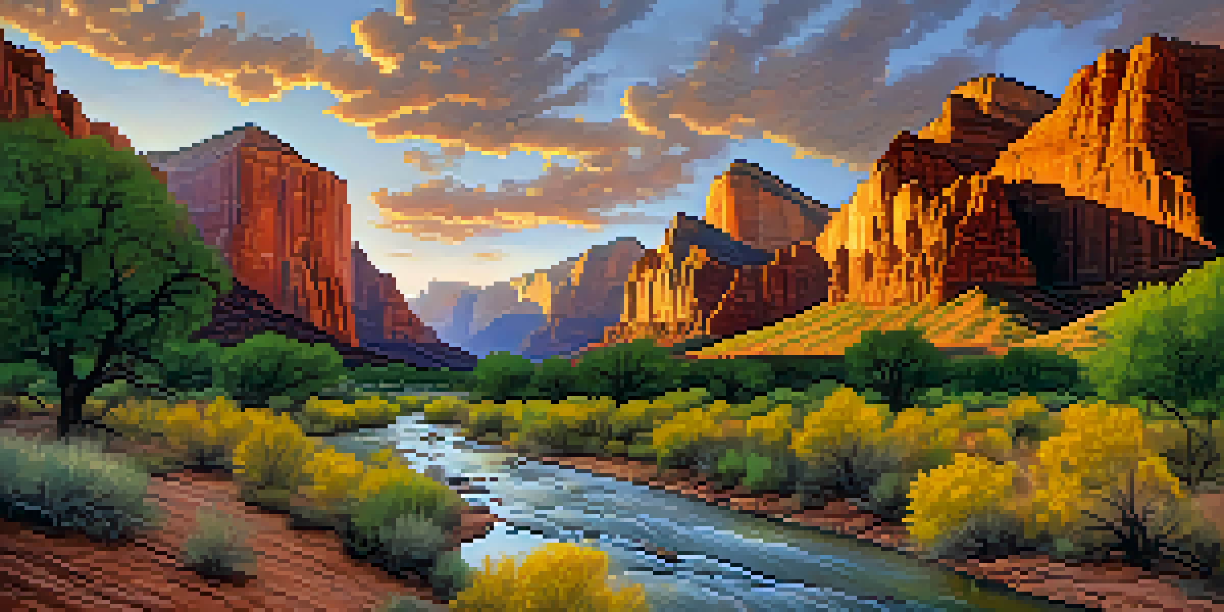 A stunning view of Zion Canyon with red rock cliffs and Virgin River at sunrise.