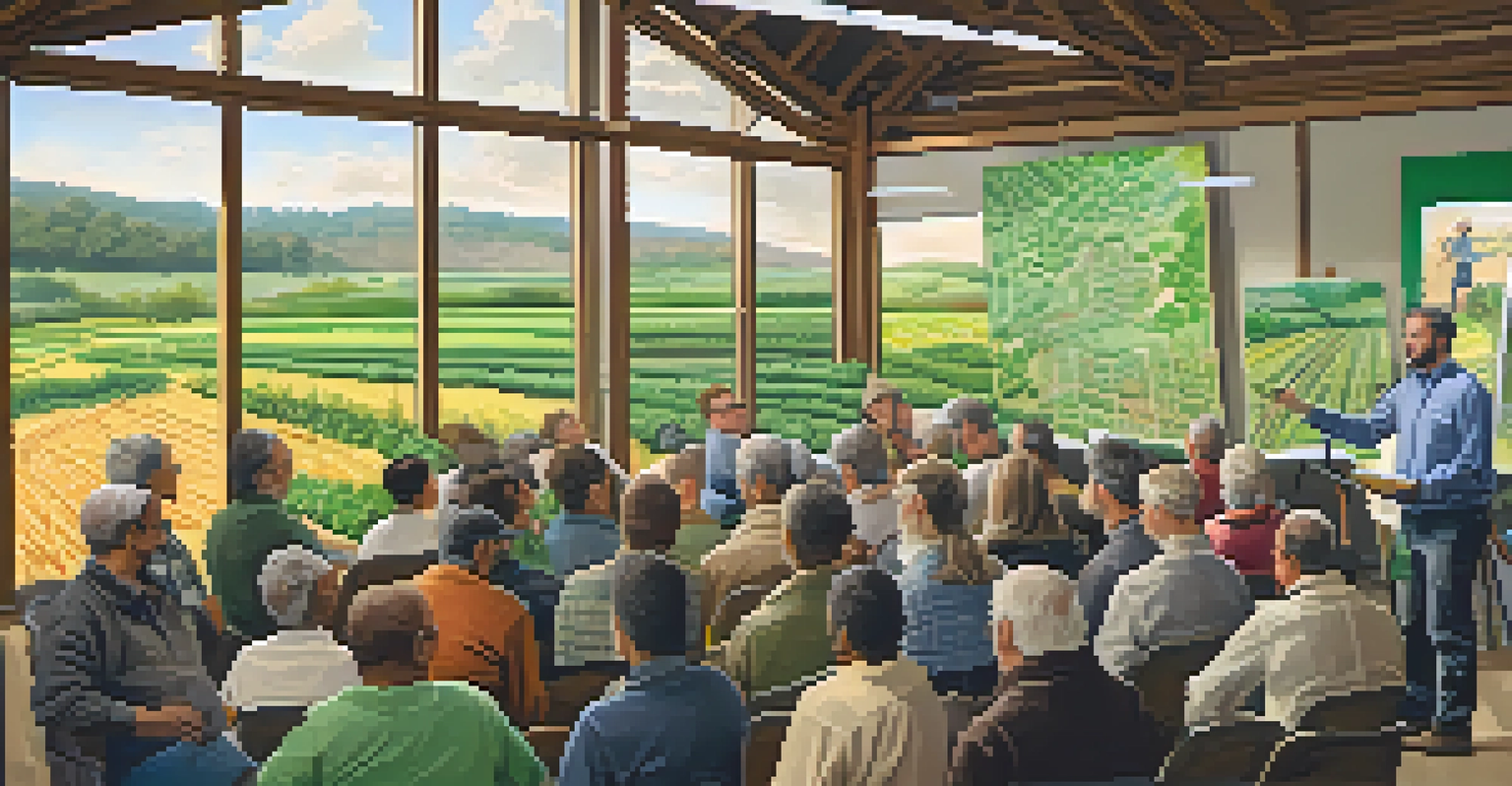 Farmers attending a workshop on sustainable farming practices in a bright room with charts and tools.