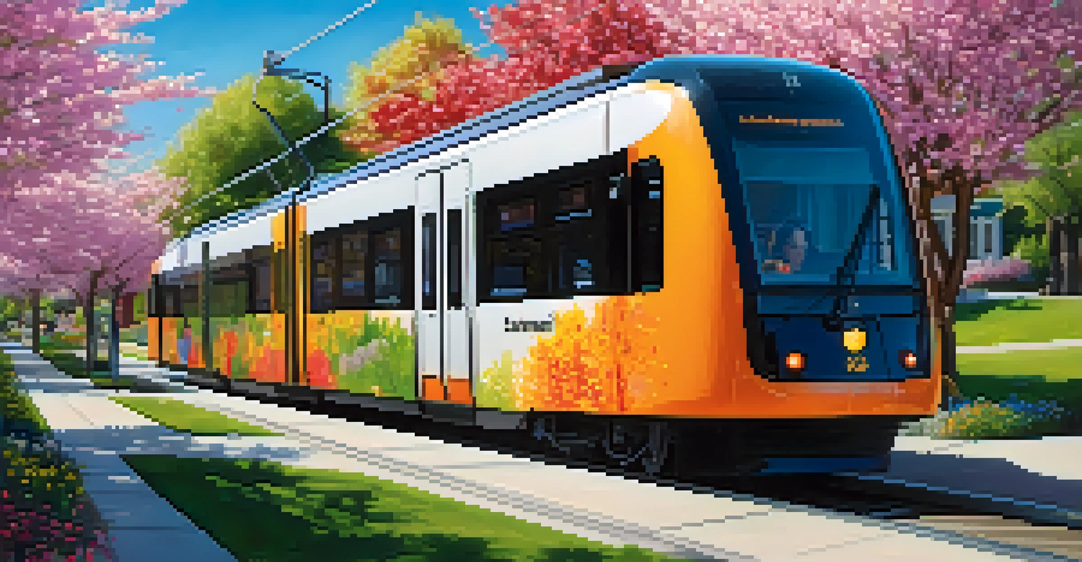 A TRAX light rail train traveling through a scenic neighborhood with green trees and flowers.