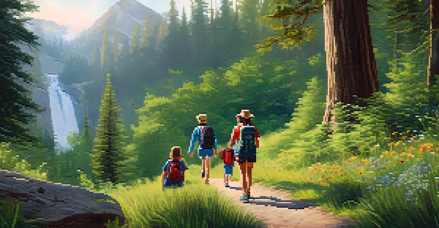 A family of four hiking along a lush trail with wildflowers, enjoying nature and a waterfall in the background.