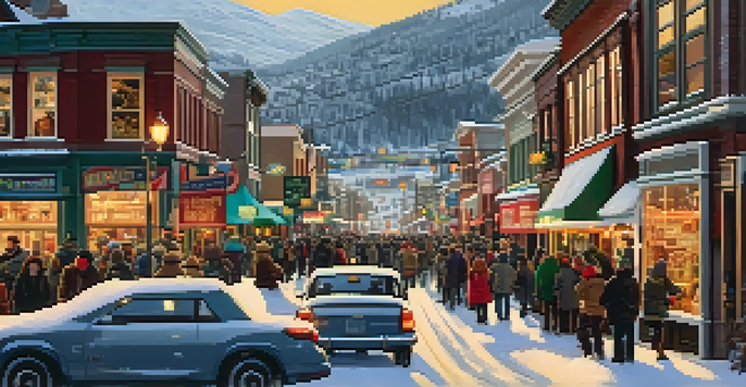 A winter scene of Park City during the Sundance Film Festival with attendees in warm clothing, snowy mountains, and colorful festival decorations.