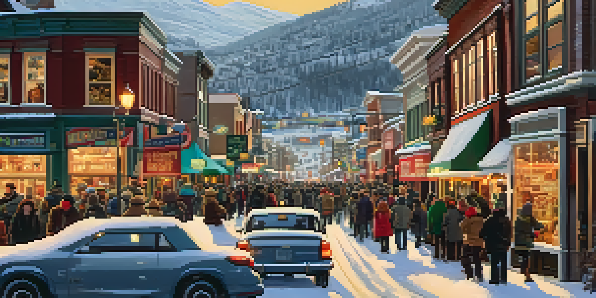 A winter scene of Park City during the Sundance Film Festival with attendees in warm clothing, snowy mountains, and colorful festival decorations.