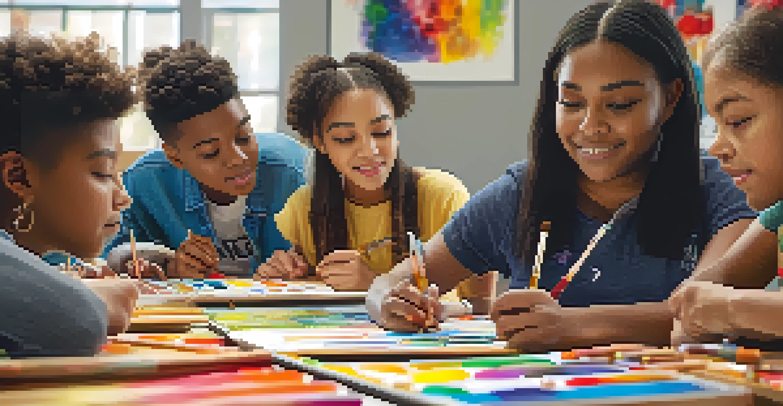 A diverse group of students in an arts class, actively sharing ideas surrounded by colorful artworks and art supplies.