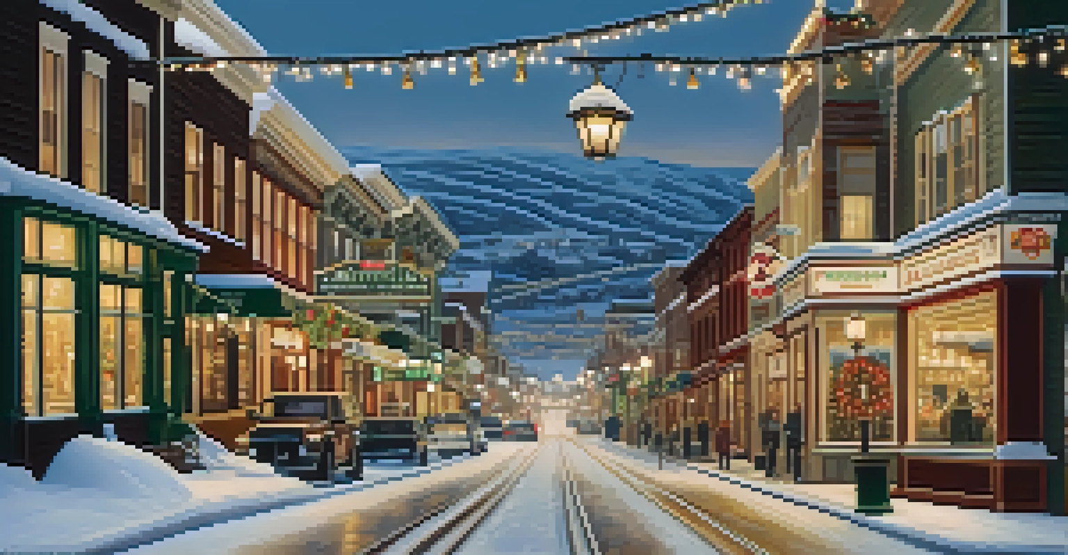 Historic buildings along Park City's Main Street during winter, decorated with festive lights and snow falling, showcasing a blend of history and culture.