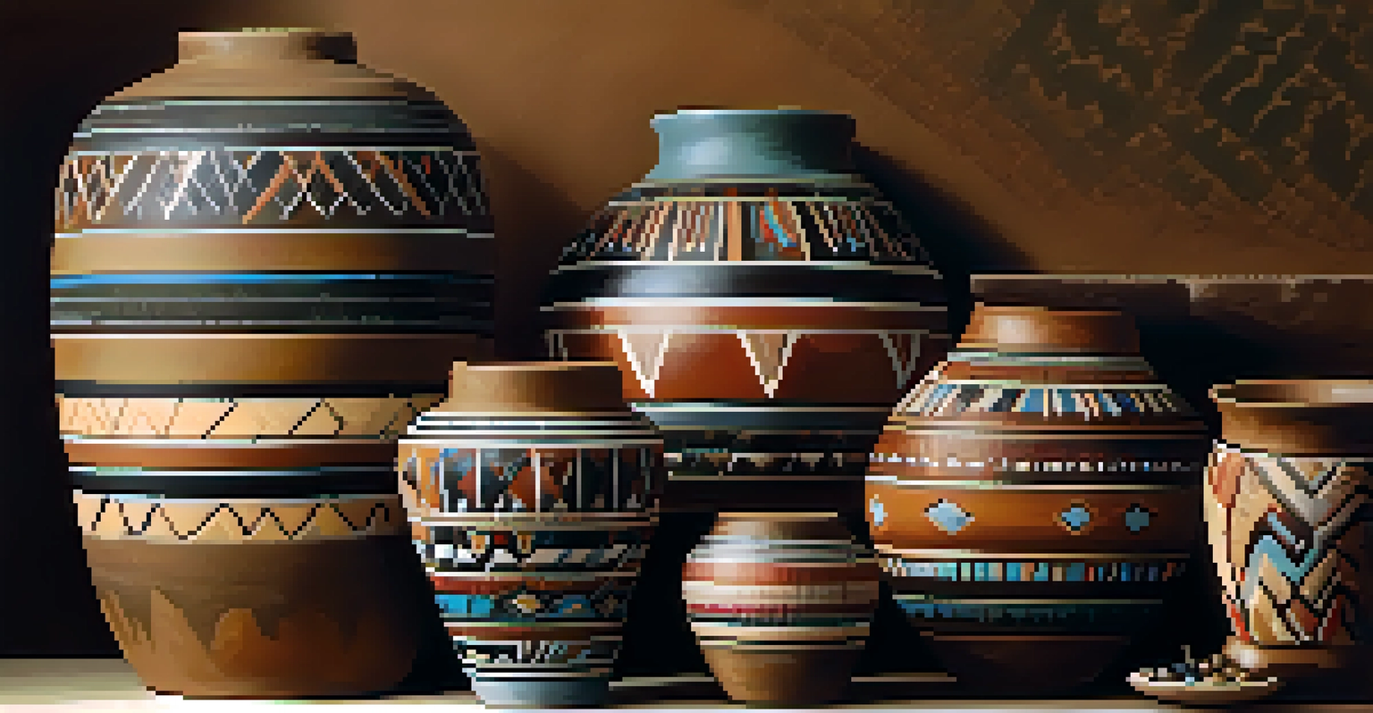 A collection of traditional Native American pottery and beadwork displayed artistically.