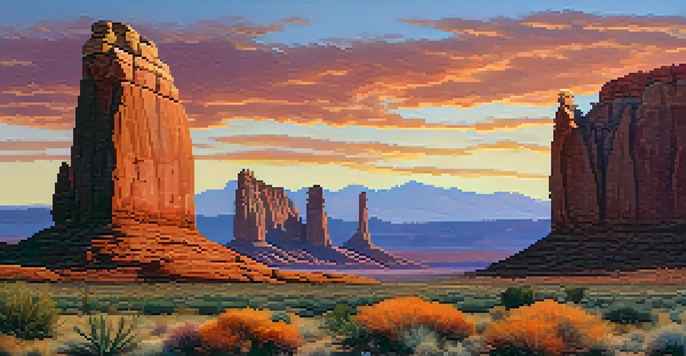 A stunning sunset over Utah's red rock desert, with colorful skies and towering rock formations.