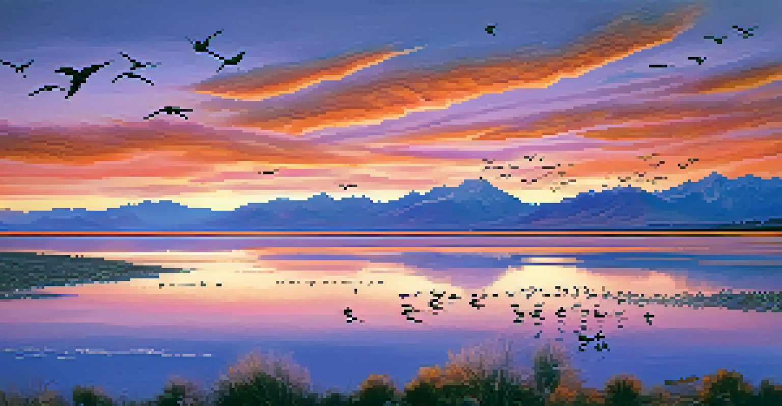 Sunset over the Great Salt Lake with colorful sky reflections and birds flying in the foreground.