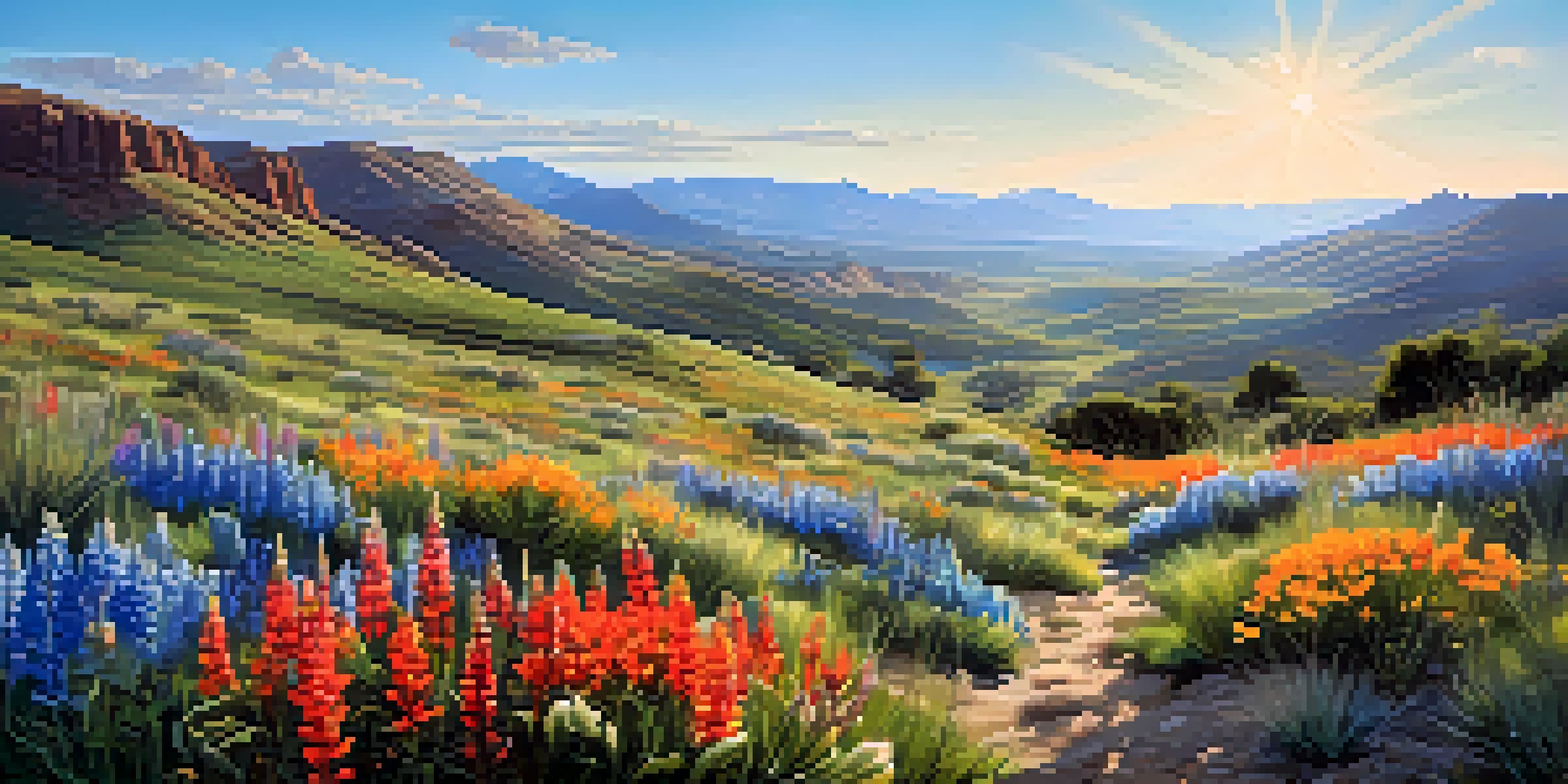 A colorful landscape in Utah filled with blooming wildflowers in spring, with mountains in the background.