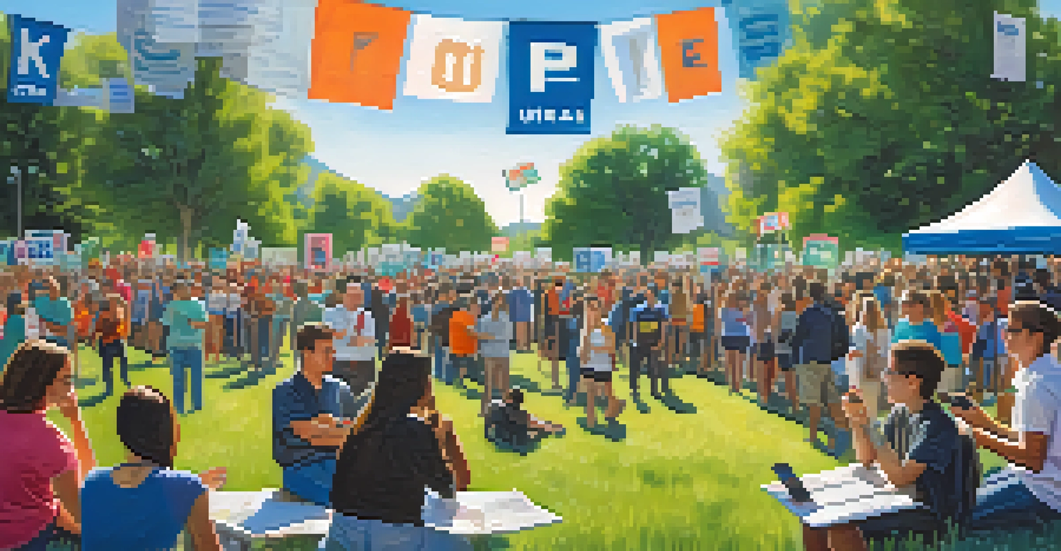 A modern political rally in Utah with young voters engaging in discussions and activism, surrounded by campaign signs in a vibrant park.