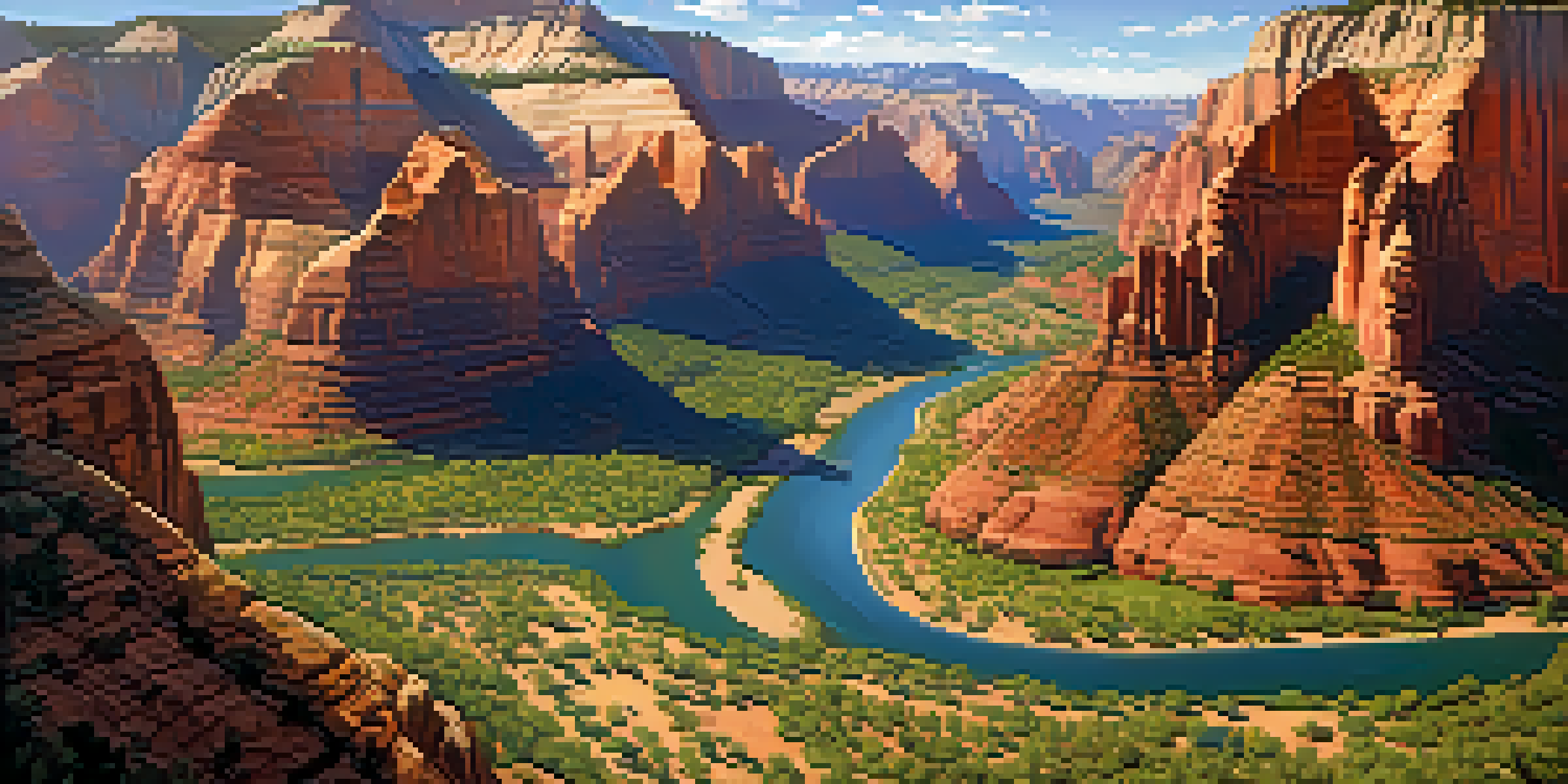 Aerial view of Zion National Park with red rock formations, green valleys, and a winding river under a clear blue sky.