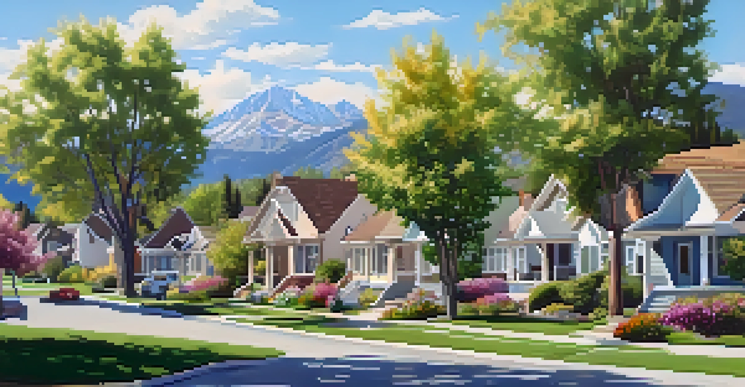 A picturesque suburban neighborhood in Utah with charming homes, a family having a picnic, and mountains in the background.