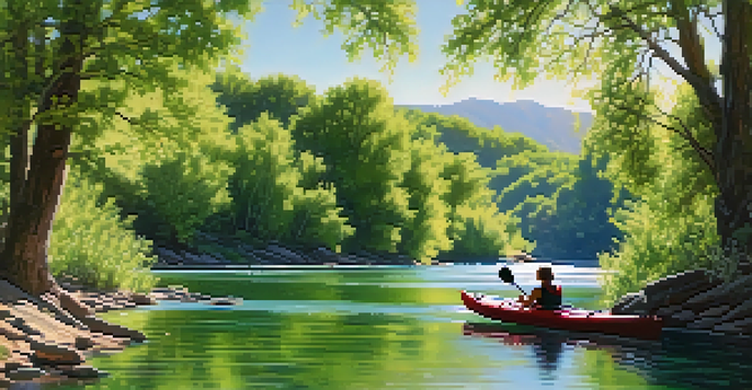 A peaceful scene of the Provo River with kayakers and greenery under a sunny sky.