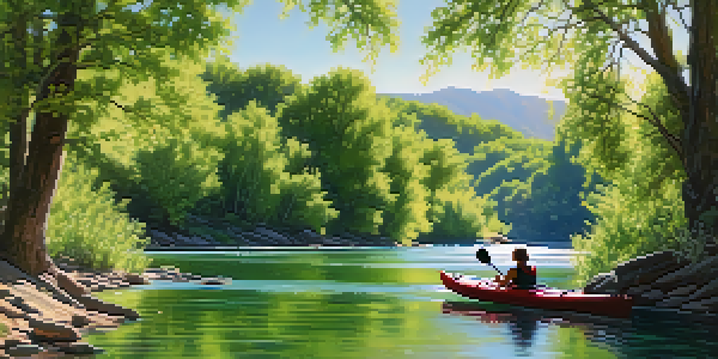 A peaceful scene of the Provo River with kayakers and greenery under a sunny sky.