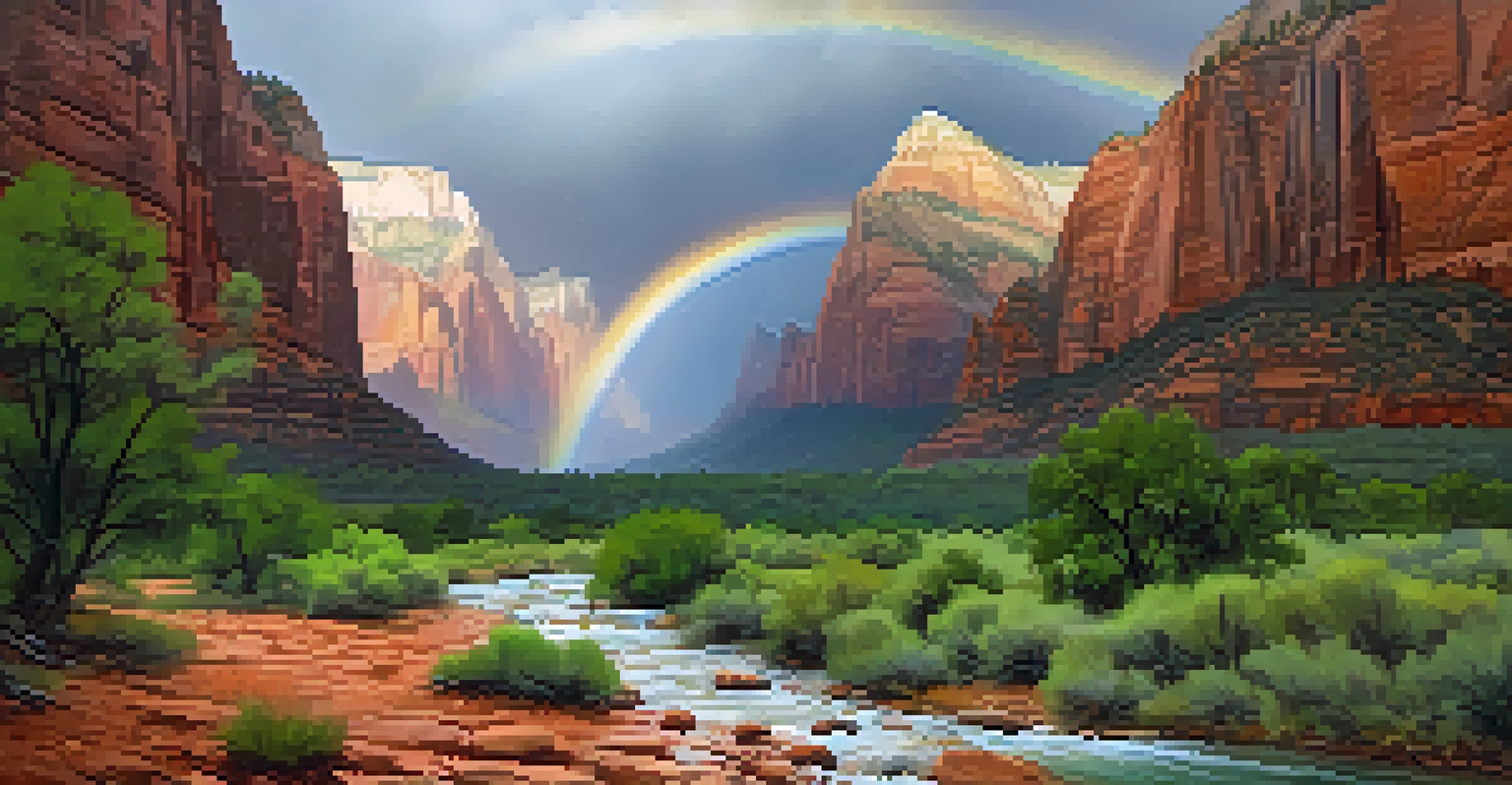 Landscape of Zion National Park during a rainstorm with dramatic clouds and cascading water.