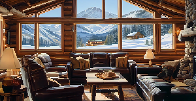A cozy lodge interior at Alta Ski Area with a fireplace, comfortable seating, and snowy views outside.