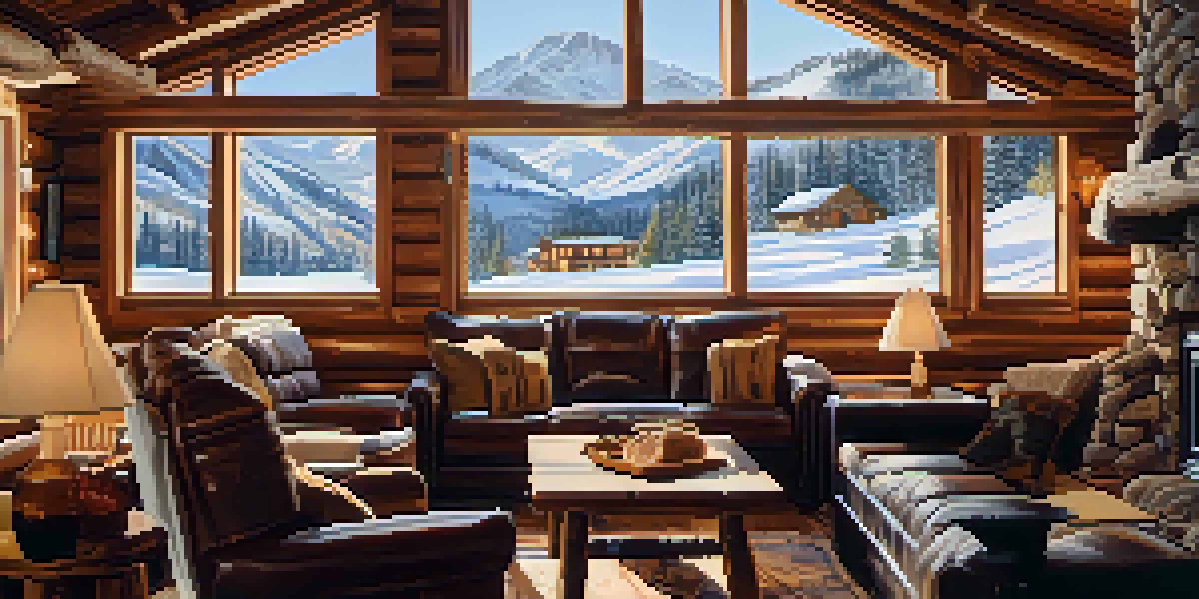 A cozy lodge interior at Alta Ski Area with a fireplace, comfortable seating, and snowy views outside.