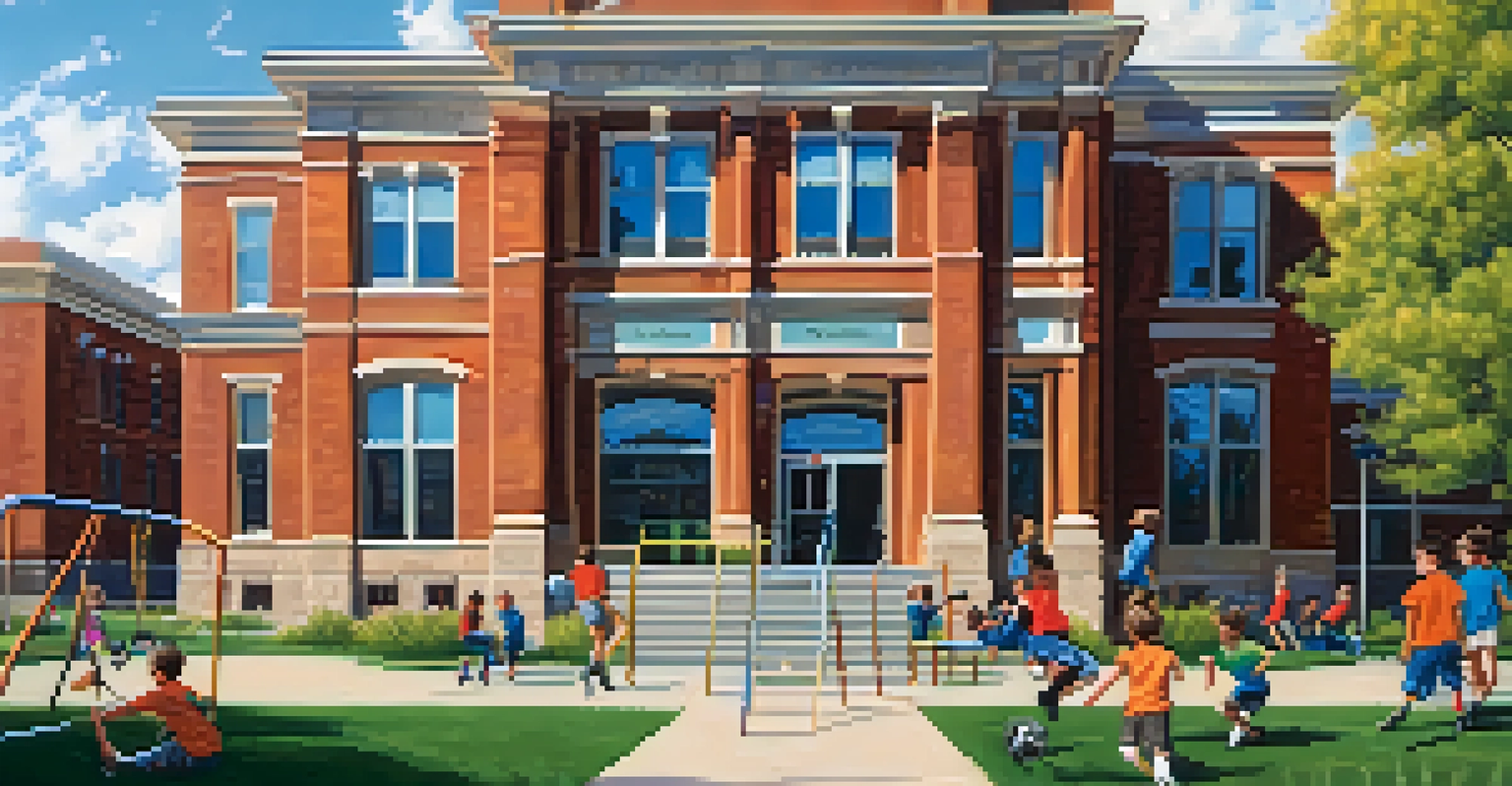 A public school building with children playing on a playground and a soccer field in front.