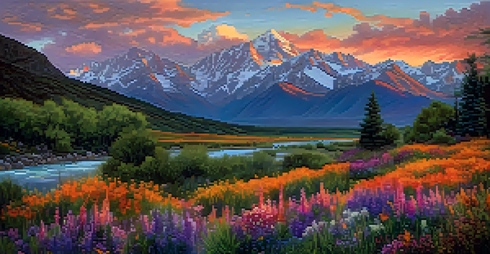 A panoramic view of the Wasatch Range at sunset with vibrant colors in the sky and wildflowers in the foreground.