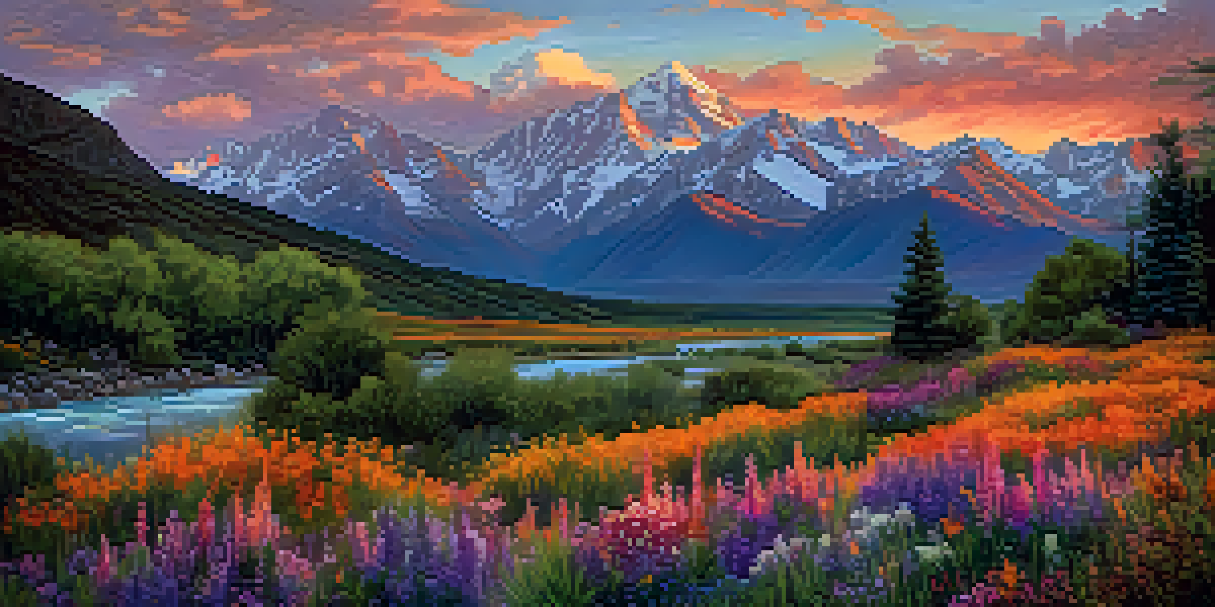 A panoramic view of the Wasatch Range at sunset with vibrant colors in the sky and wildflowers in the foreground.