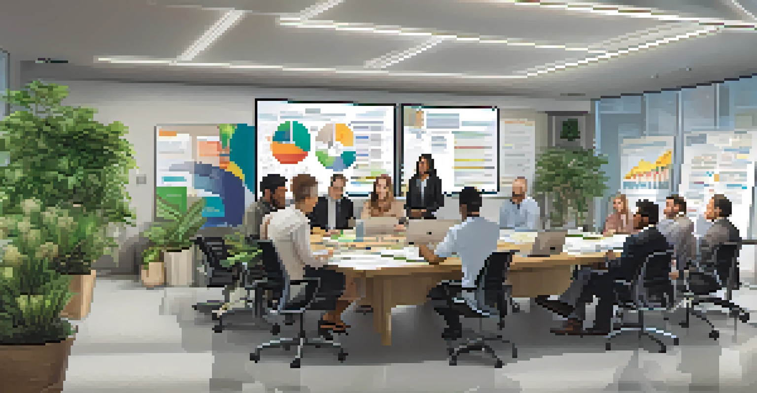 Local government officials collaborating in a modern office, discussing documents and a digital presentation, surrounded by plants and motivational decor.