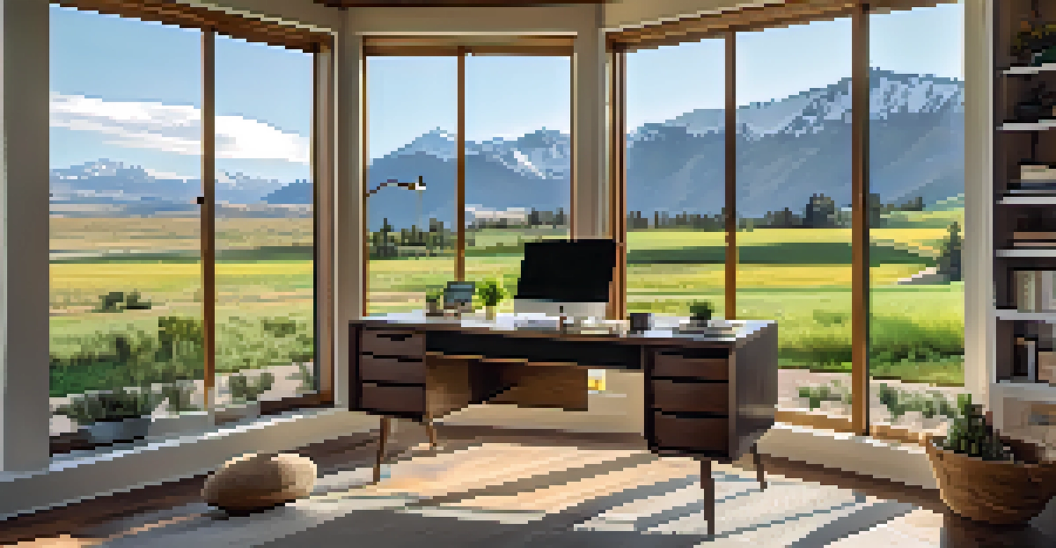 A cozy home office in a rural Utah house with a stylish desk, large windows showing green fields and mountains, filled with natural light.