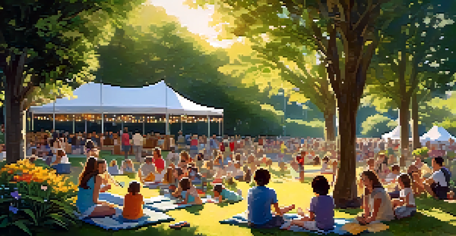 A family-friendly music festival in a botanical garden with families enjoying live music surrounded by flowers and greenery.
