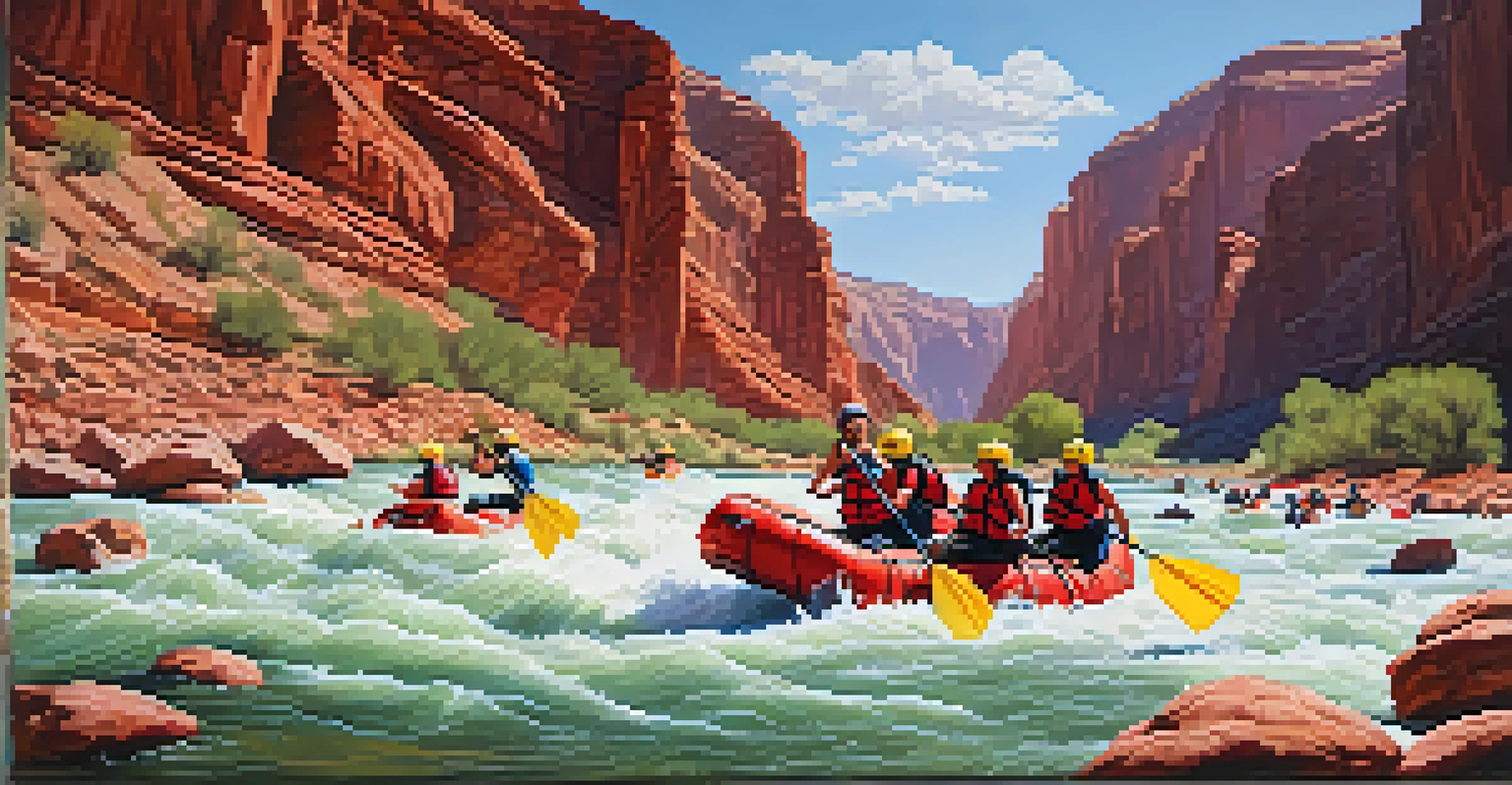 A group of rafters navigating rapids on the Colorado River against red rock formations.