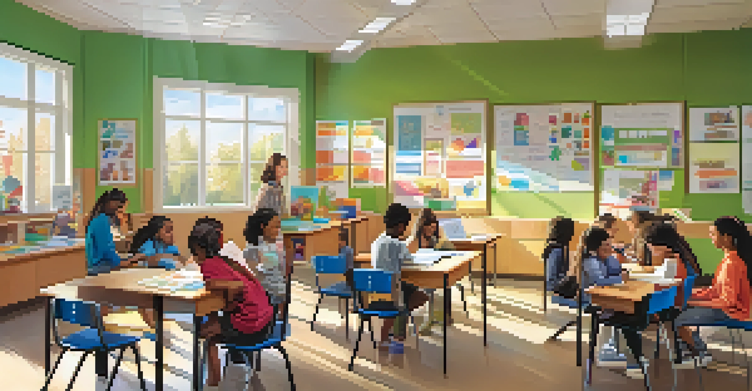 A vibrant classroom scene with diverse students working together on a project.