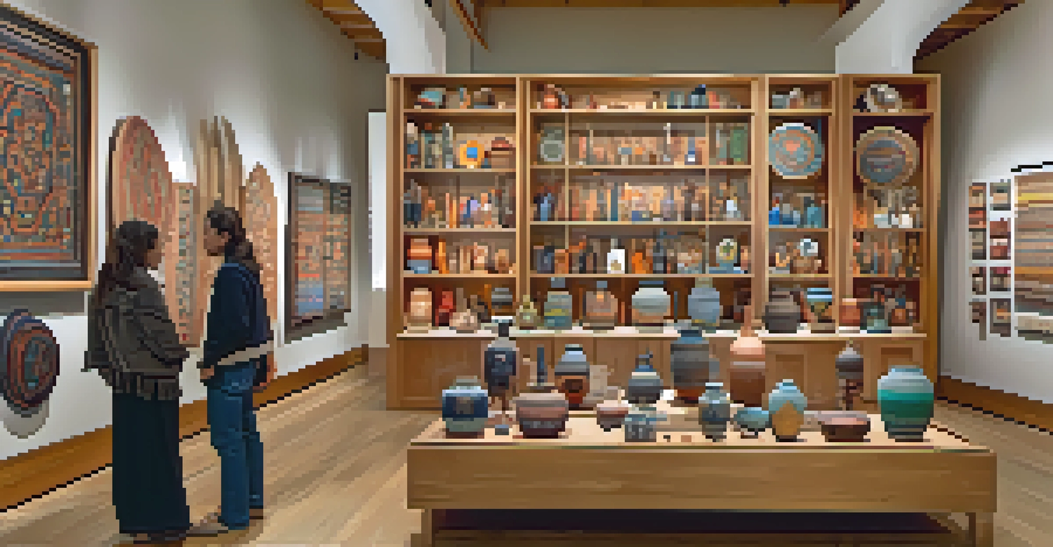 An art gallery showcasing Native American art including beadwork and pottery, with visitors admiring the intricate details under soft lighting.