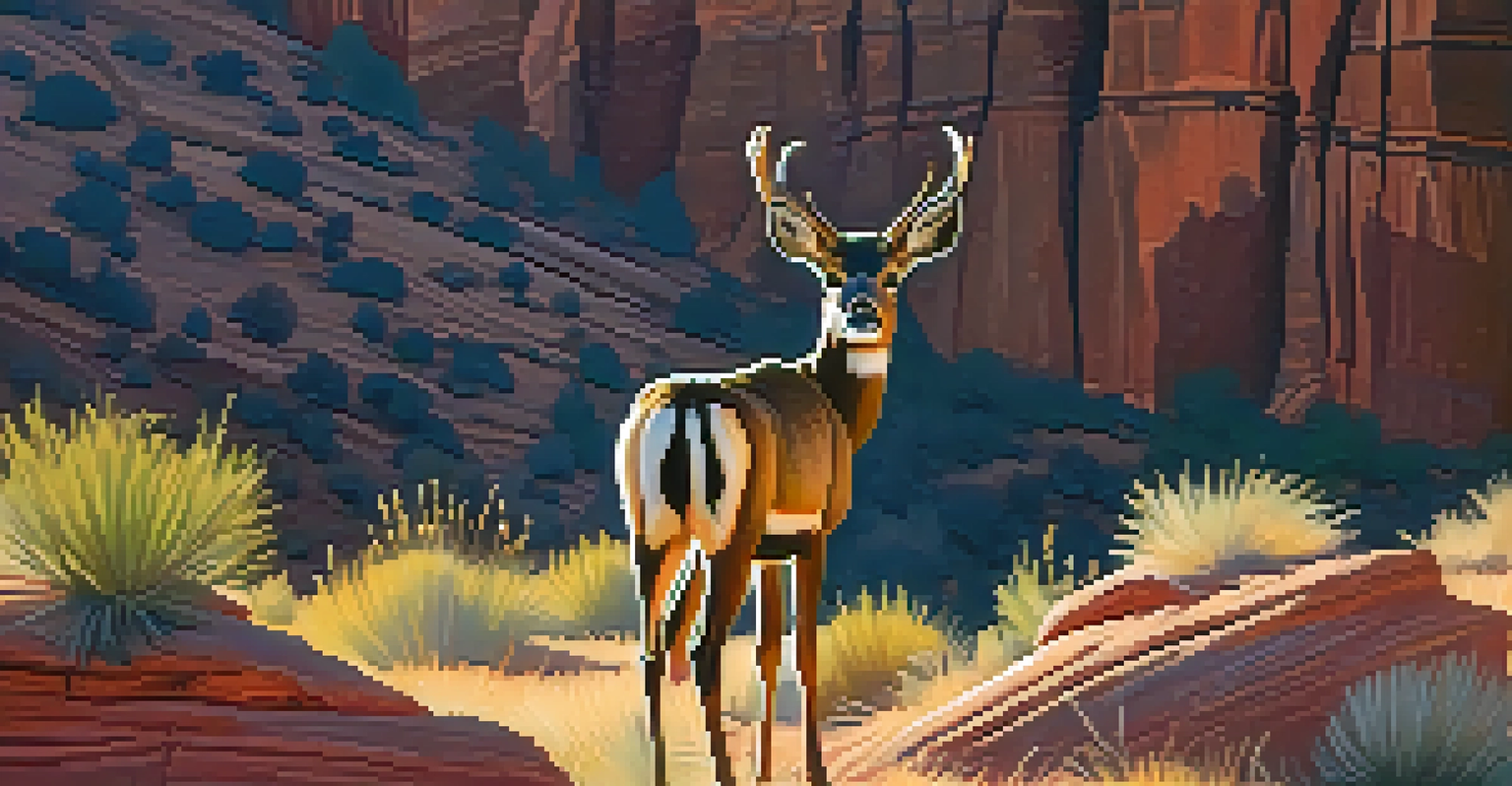Mule deer in Zion National Park surrounded by red rock formations in morning light.