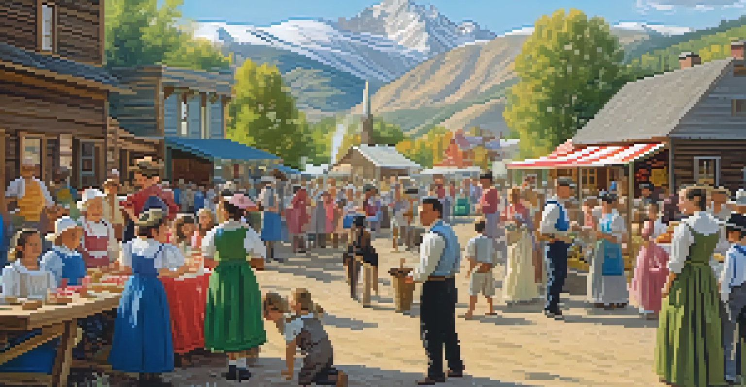 Community gathering in a Utah pioneer settlement festival, with families, decorations, and mountains in the background.