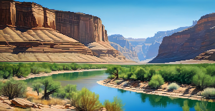 A tranquil view of the Green River in a desert setting, surrounded by mountains and reflecting the cliffs in the water.