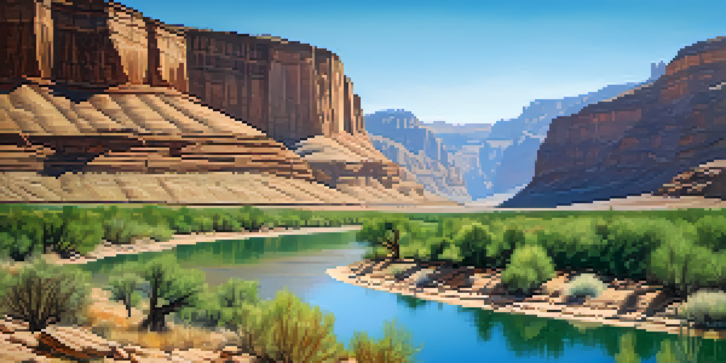 A tranquil view of the Green River in a desert setting, surrounded by mountains and reflecting the cliffs in the water.