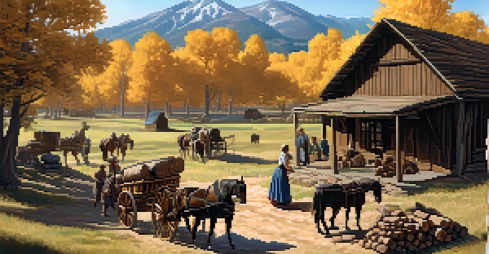Early pioneer settlers in the Salt Lake Valley building homes, with mountains in the background and children playing.