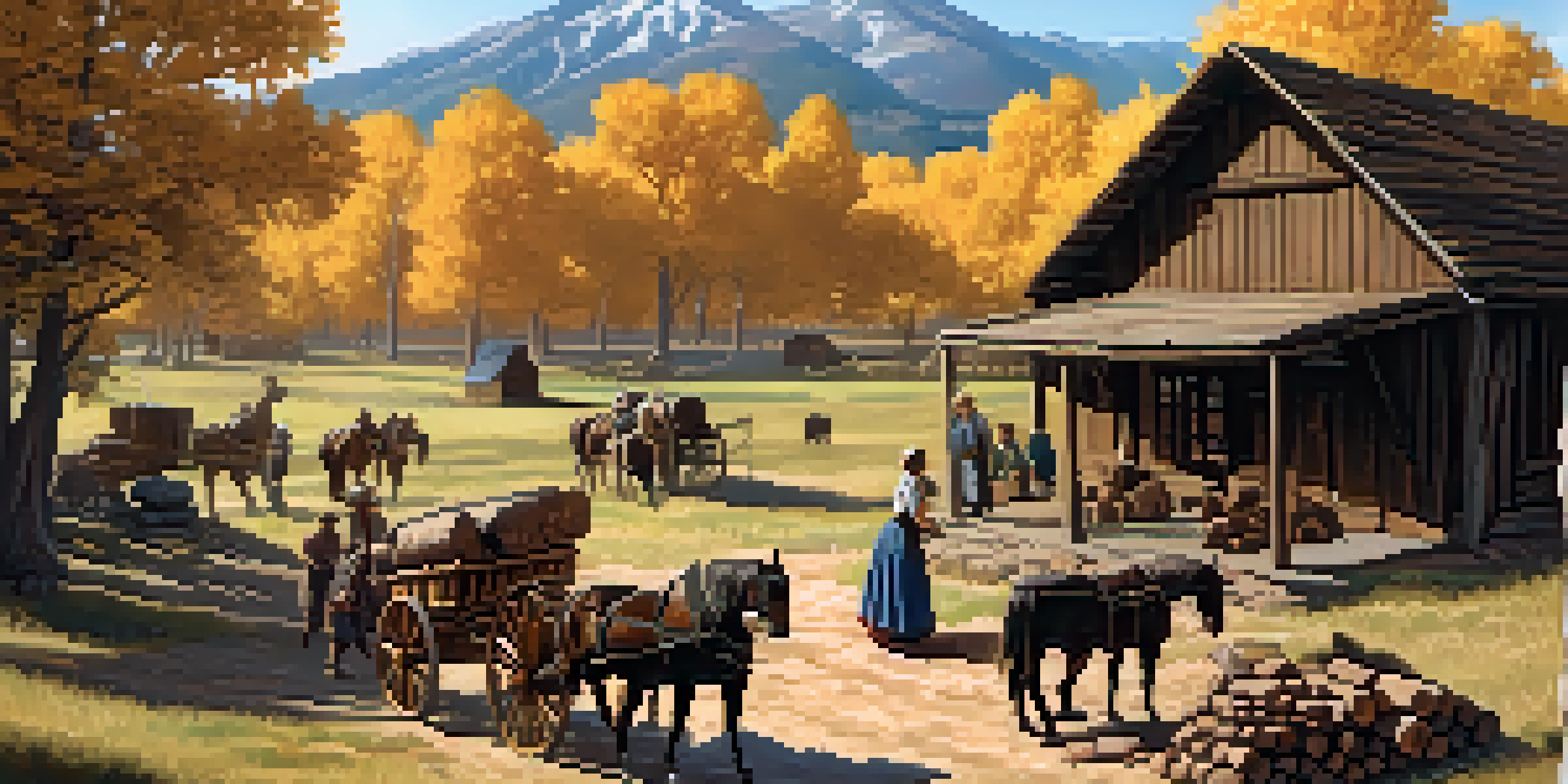 Early pioneer settlers in the Salt Lake Valley building homes, with mountains in the background and children playing.