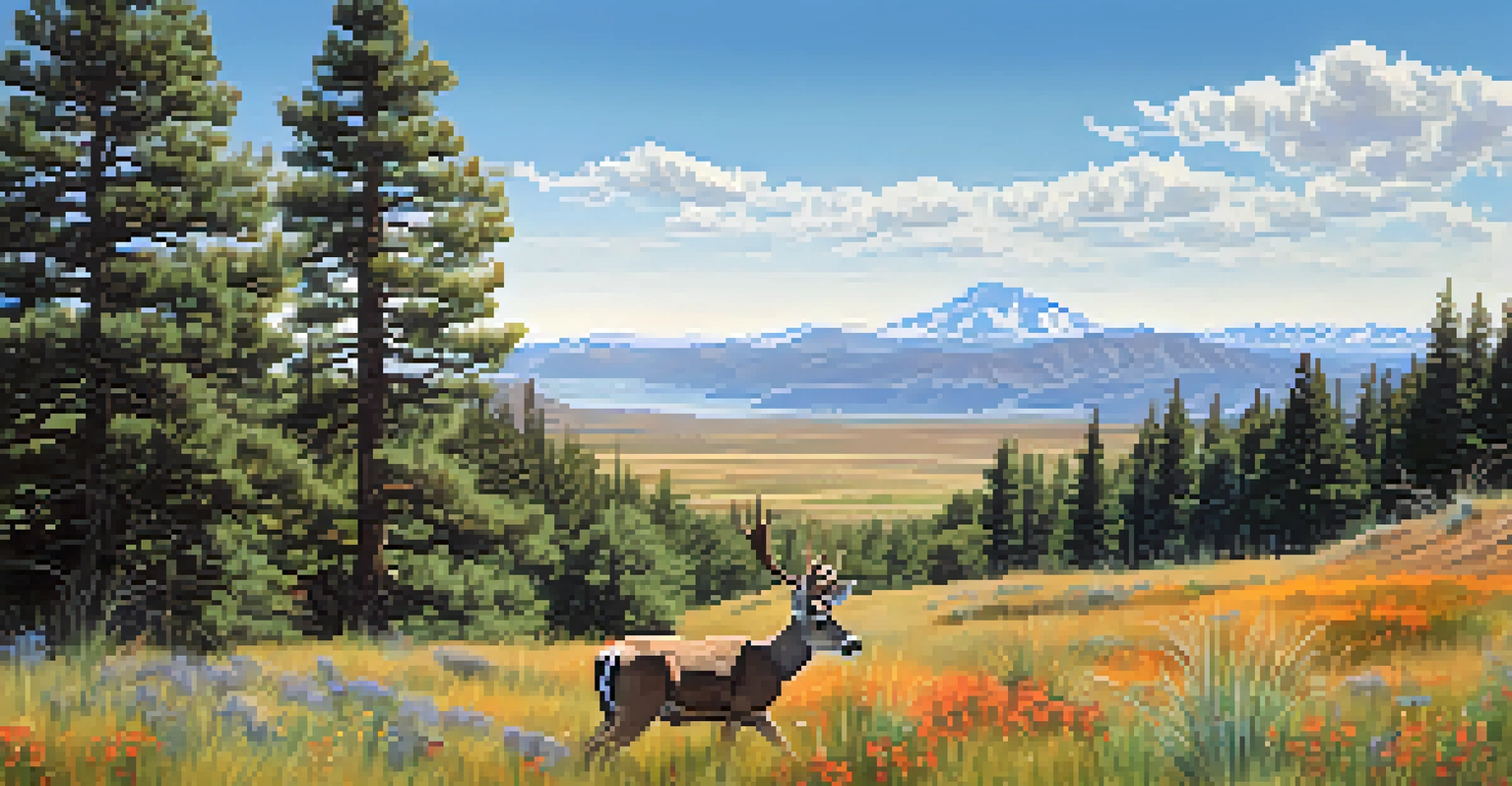 A landscape of Utah's transition zone with pine forests and shrublands, featuring a mule deer grazing in the foreground and distant mountains in the background.
