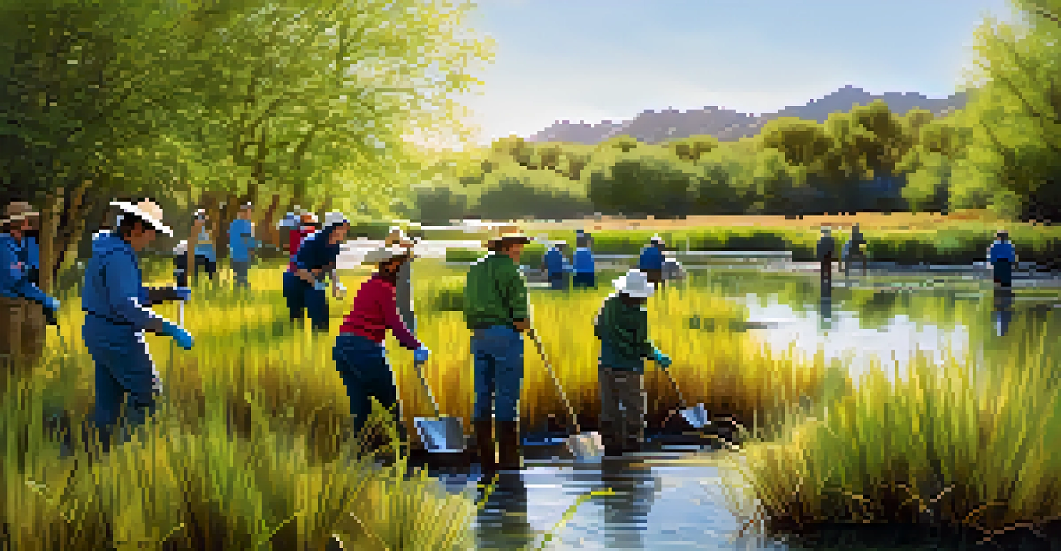 Volunteers planting trees in a wetland area in Utah, surrounded by greenery and water.