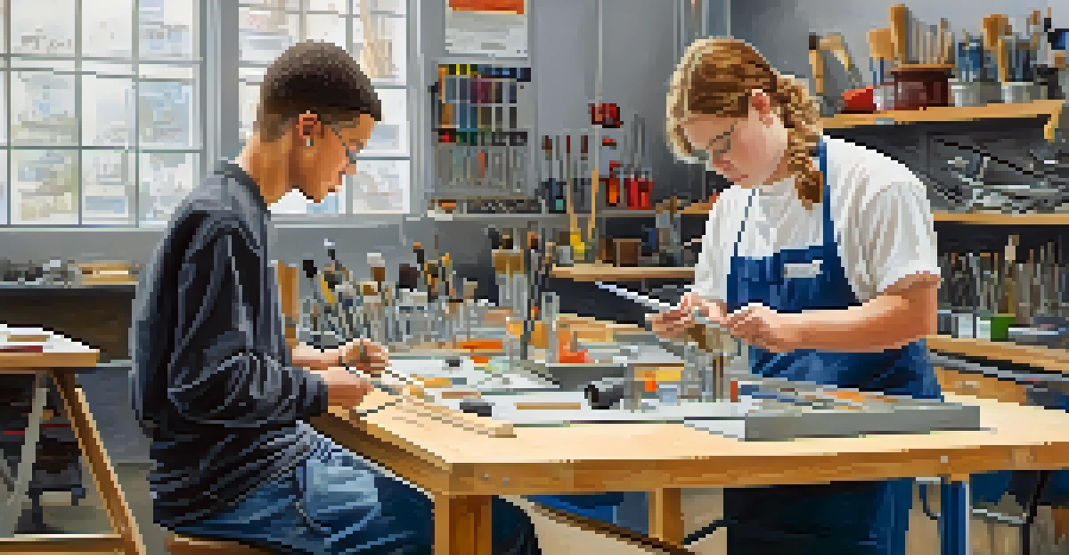 A student with a disability engaged in vocational training with a mentor in a workshop, surrounded by tools and equipment.
