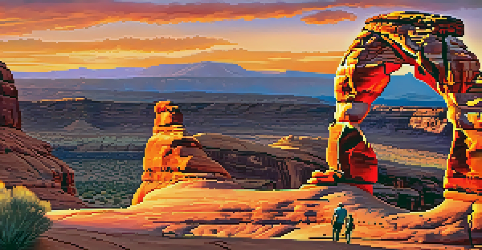 A family enjoying the sunset view of Delicate Arch with vibrant sky colors.