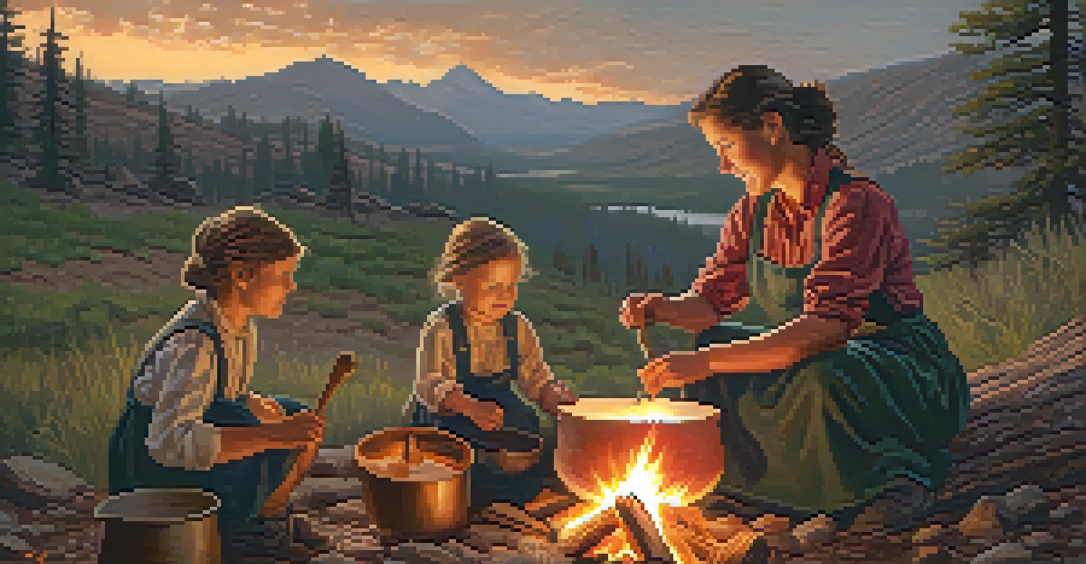 A pioneer woman cooking by a campfire with her children in the Utah wilderness, showcasing her determination and resourcefulness.