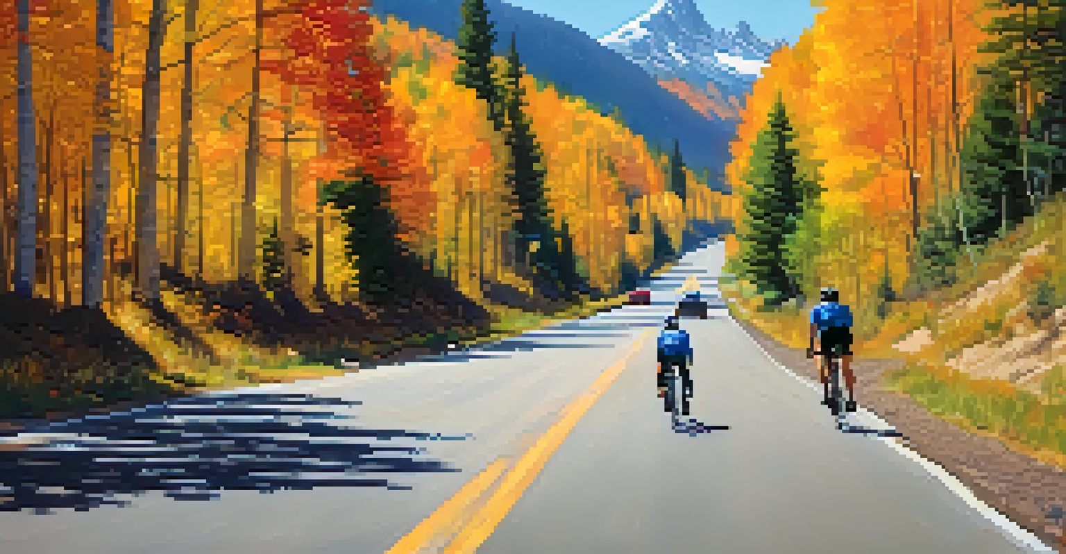 Cyclists riding on a scenic byway surrounded by colorful autumn trees and mountains in the background.