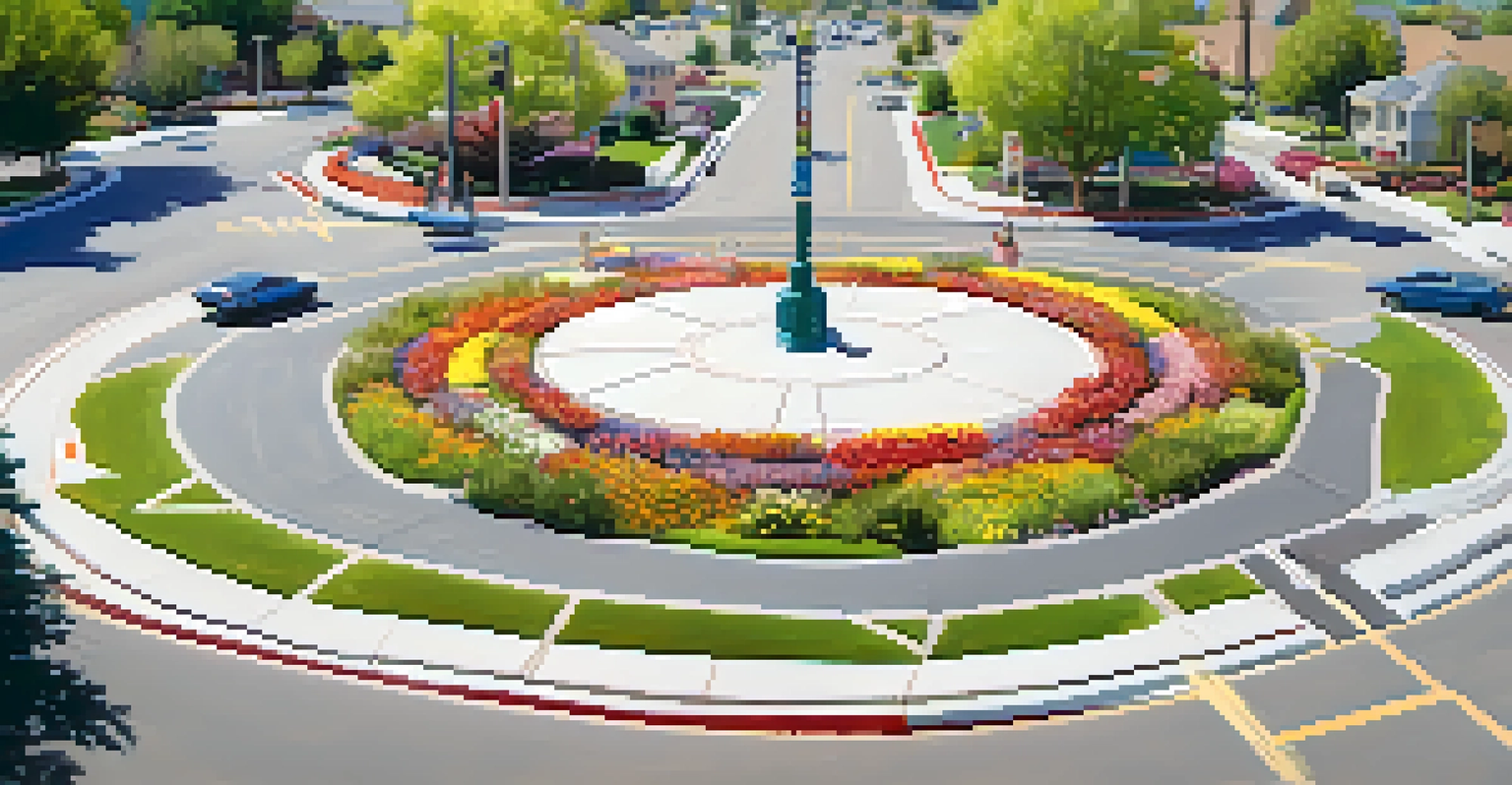 A roundabout in Utah with flower beds and pedestrian crossings, showing a family walking safely while cars navigate.