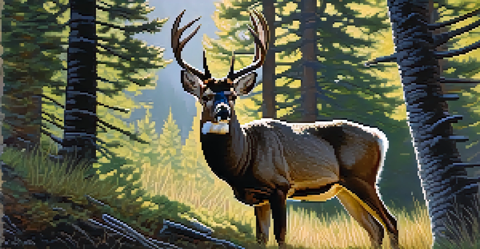 A mule deer in the Wasatch Mountains, surrounded by pine trees and dappled sunlight.
