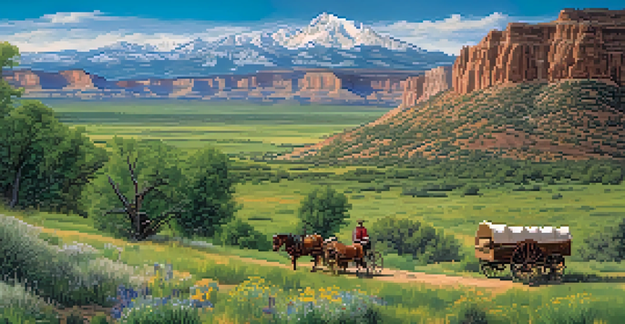 A scenic view of winding pioneer trails in Utah, featuring green valleys, rocky mountains, historical markers, wildflowers, and a covered wagon with pioneers.