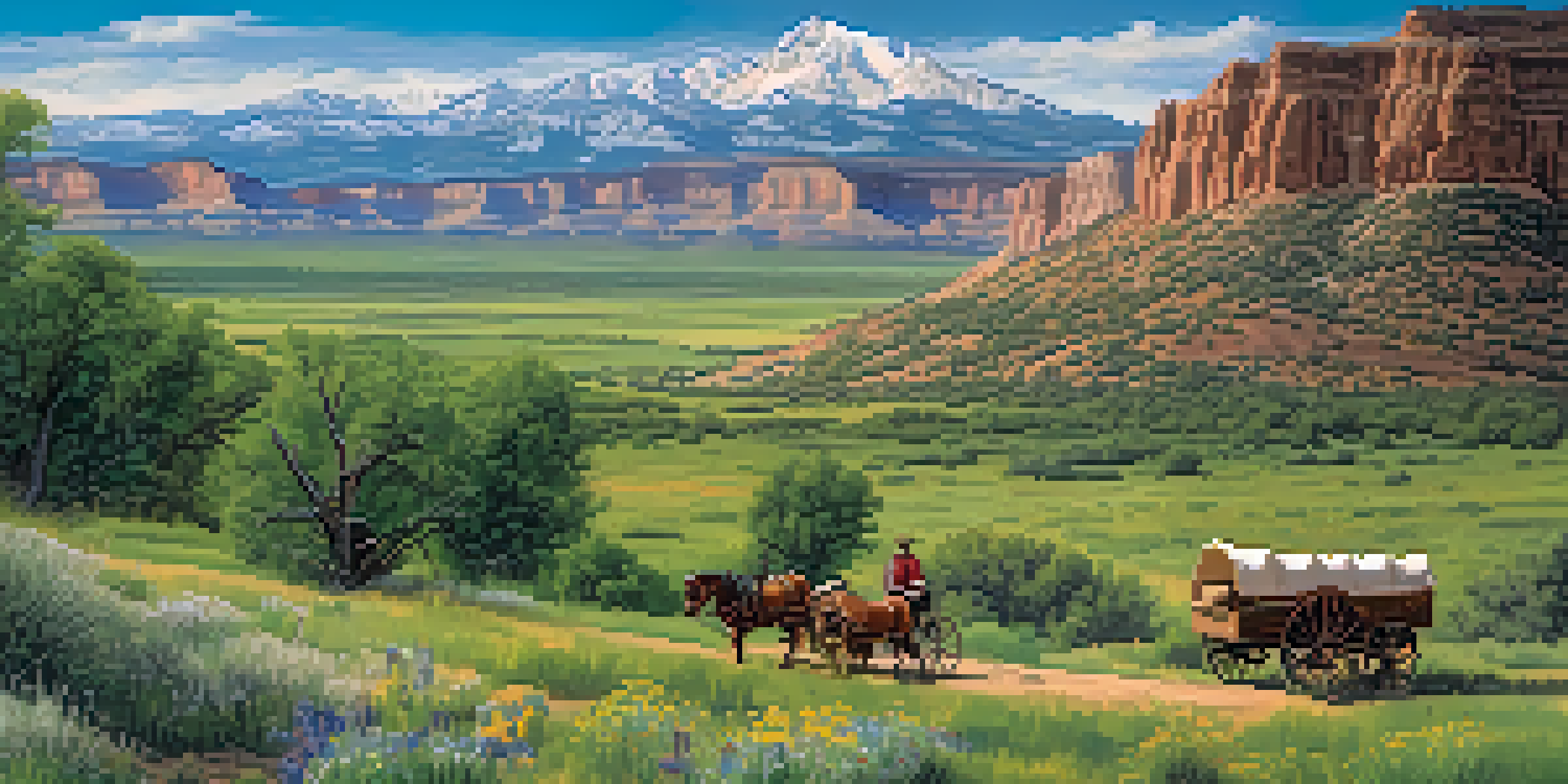 A scenic view of winding pioneer trails in Utah, featuring green valleys, rocky mountains, historical markers, wildflowers, and a covered wagon with pioneers.