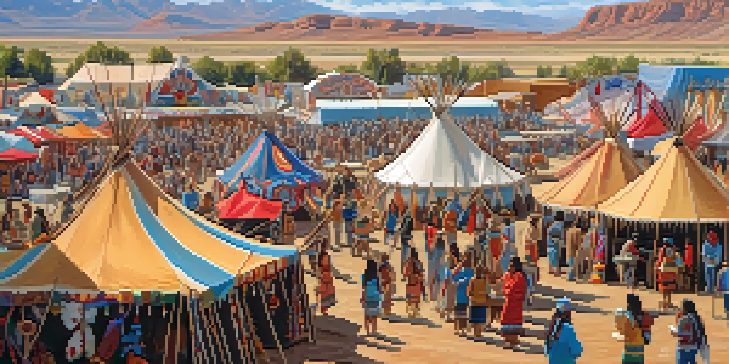 A colorful Native American art festival in Utah with artisans displaying pottery and beadwork under tents, surrounded by a beautiful landscape.