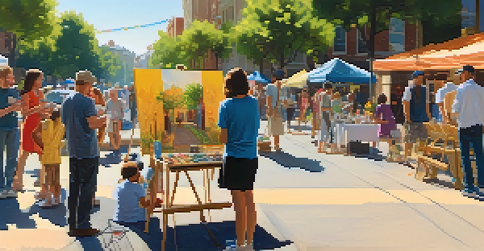 A lively street scene filled with local artists and visitors during an art stroll, with colorful art displays and people engaging in conversation.